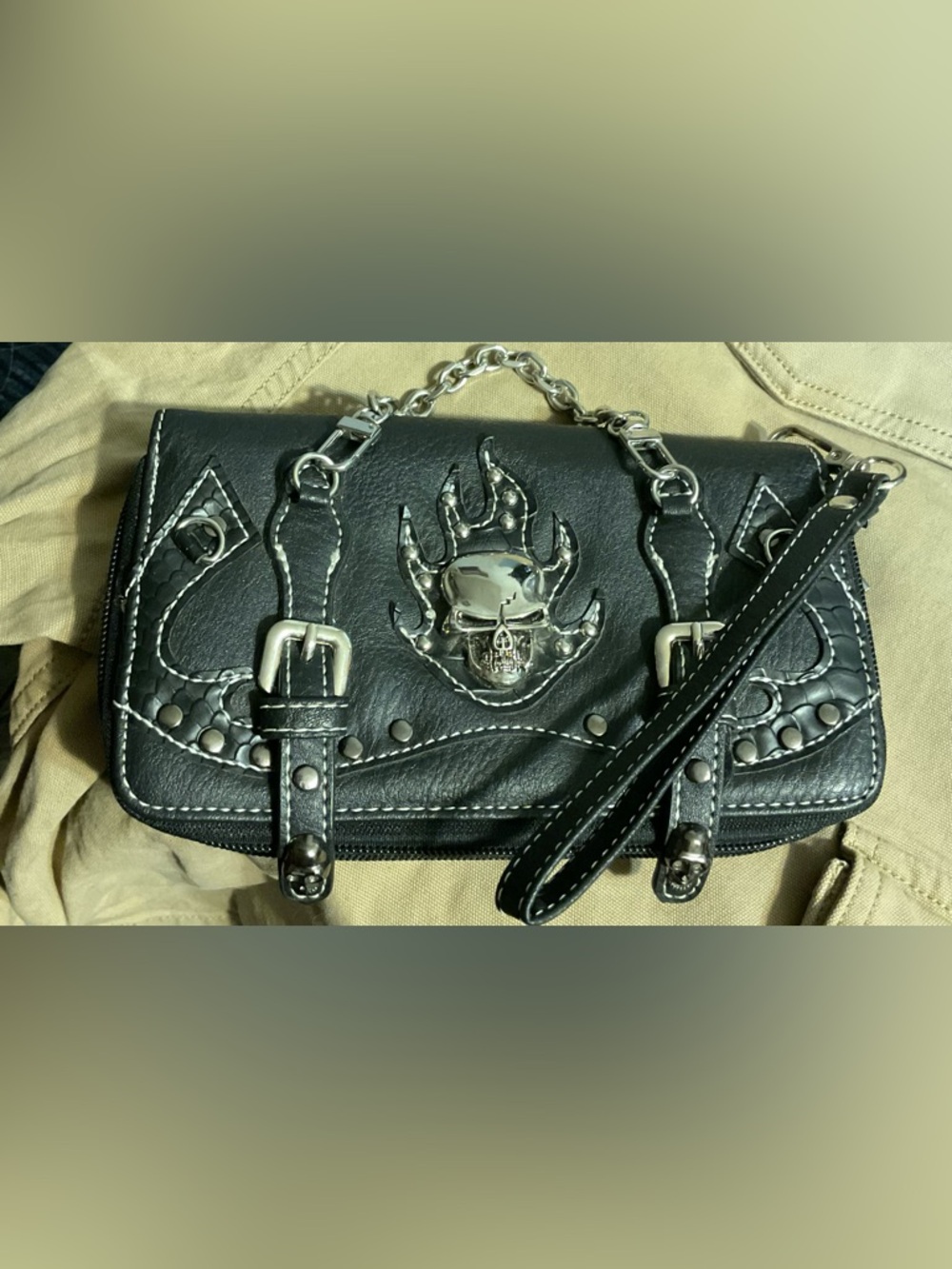 Black Skull Accent Leather Wristlet Clutch